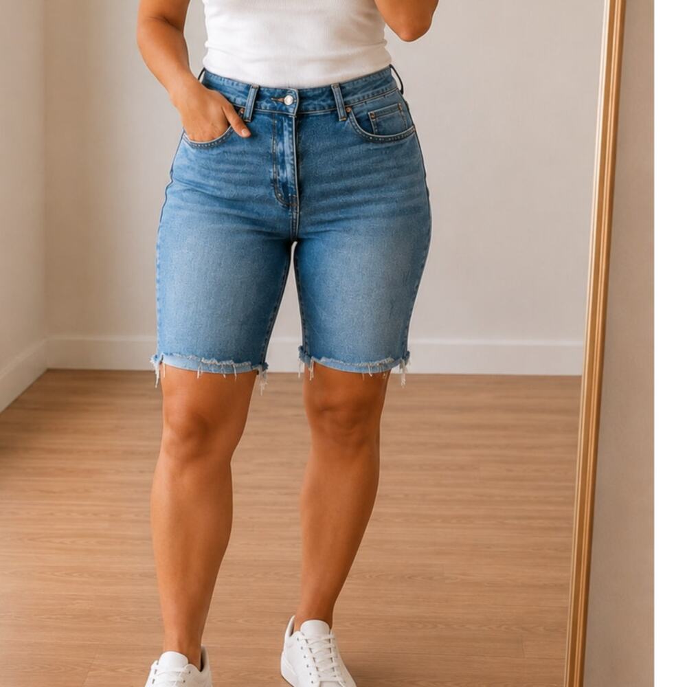 Judy Blue🌿Distressed Denim Bermuda Shorts Women 2XL Raw Hem Stretch Jean Shorts